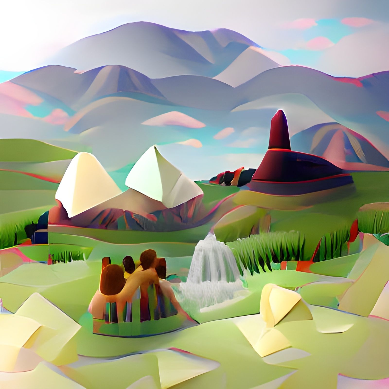 Low Poly Mountains and Fountains of Happiness