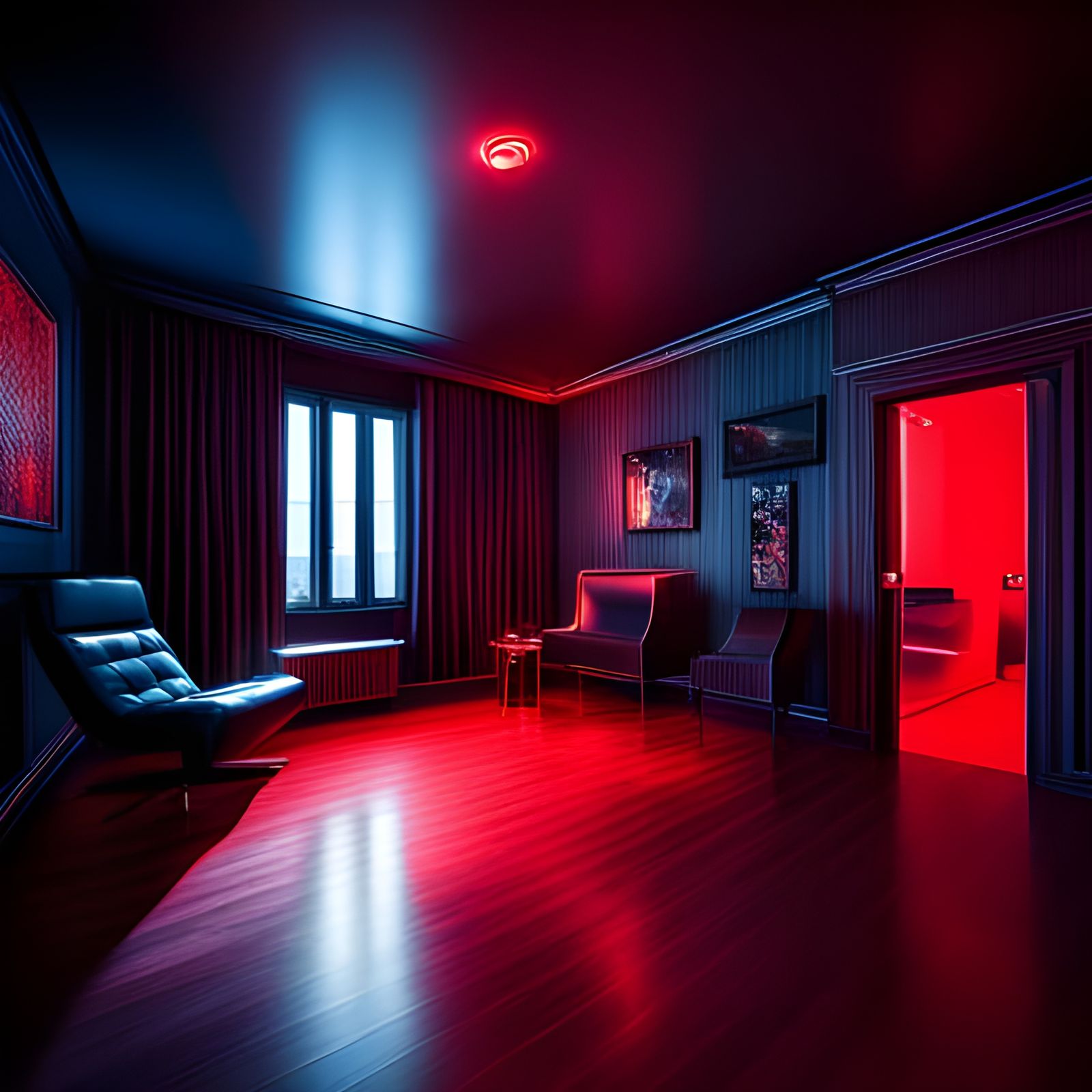 Moody Red Neon Bedroom in Hyperrealistic Style