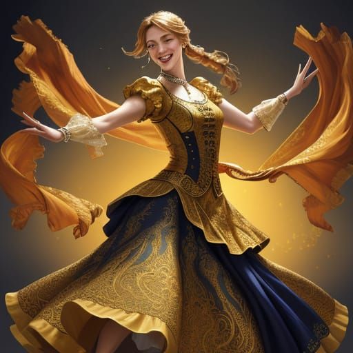 German Woman Dancing in Vibrant Oil Painting