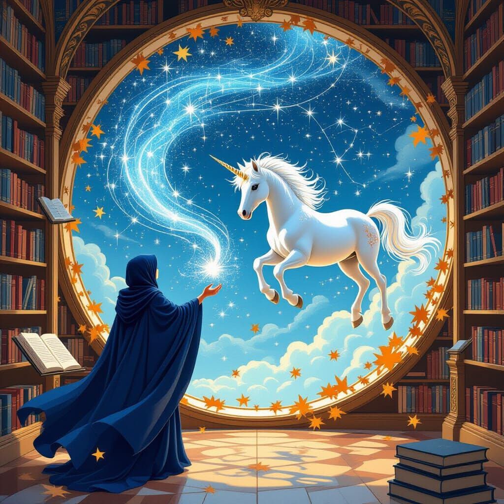 Enchanted Library With Floating Books and Stardust Unicorn
