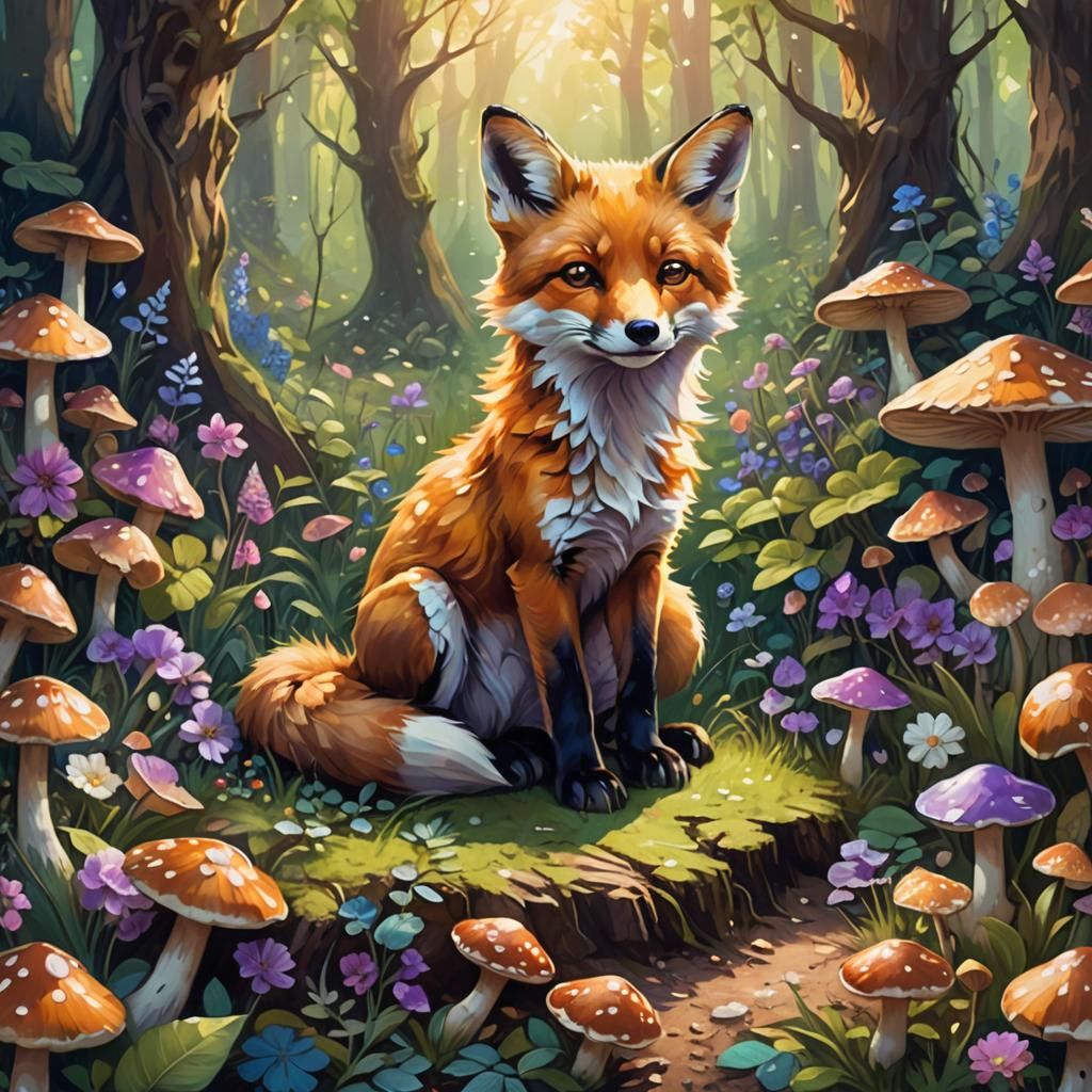 Enchanting Baby Fox in Forest, Oil Painting Style