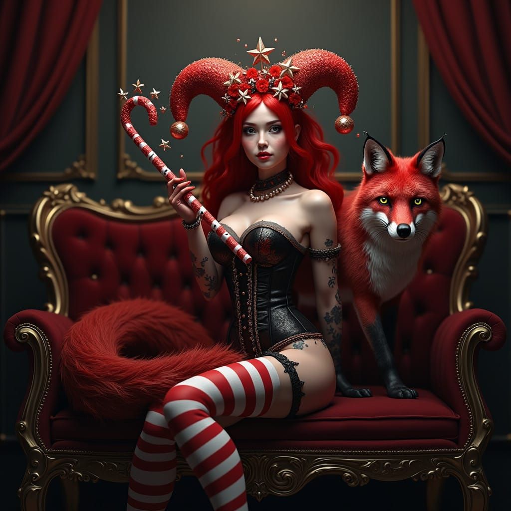 Whimsical Dark Fantasy Christmas Scene in Striped Style