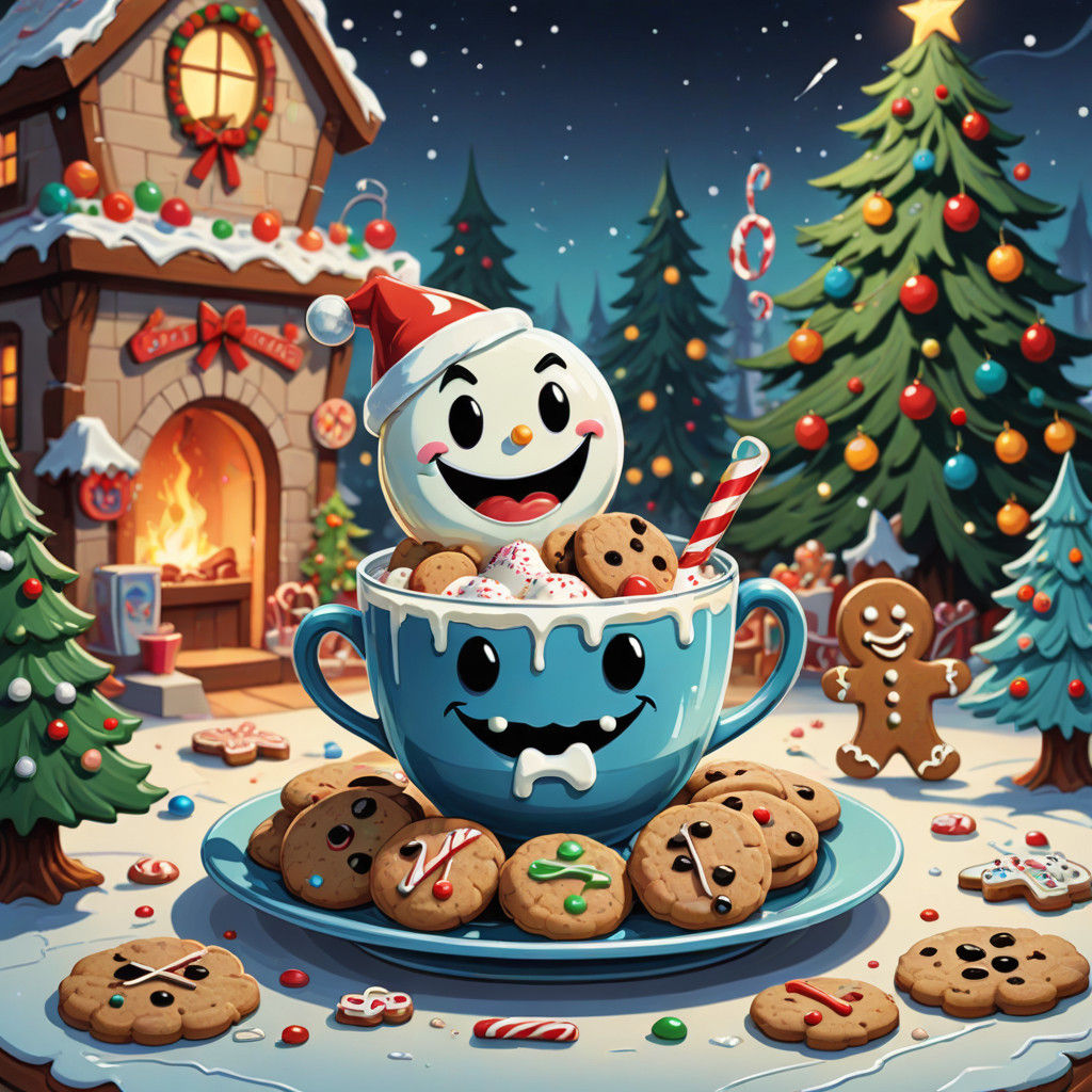 Surreal Holiday Chaos: Cookies and Milk in Cartoon Style