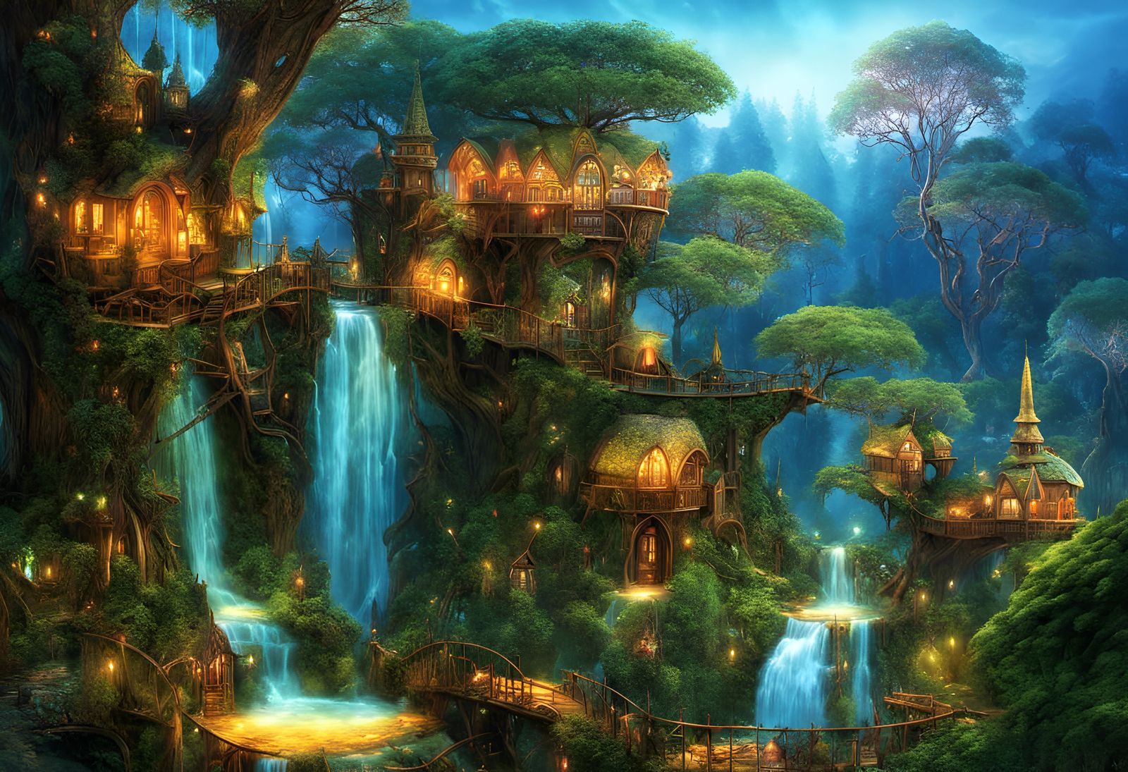Enchanting Elven Tree City in Mystical Woods