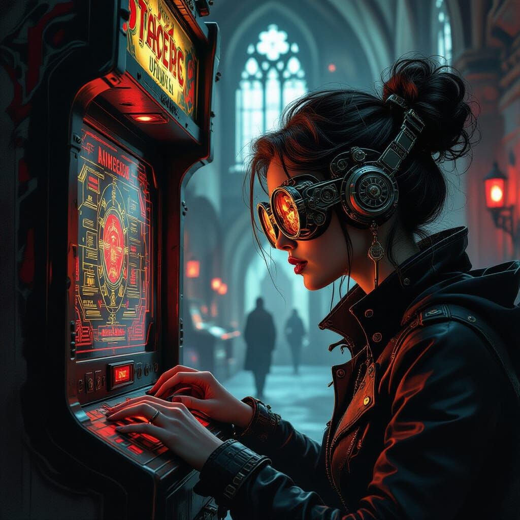 Steampunk Woman Plays Arcade in Grimdark Hall