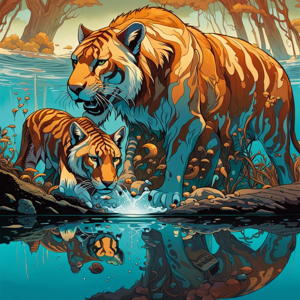Sabertooth Gazing at Reflection: Hyperrealistic Digital Art