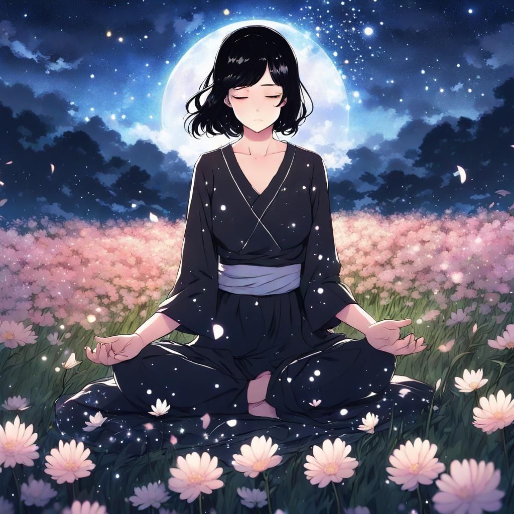 Woman Meditating in Starry Dress, Anime Style
