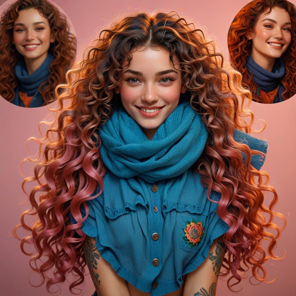 Elegant Woman with Wild Hair and Enigmatic Smile in Soft Lig...