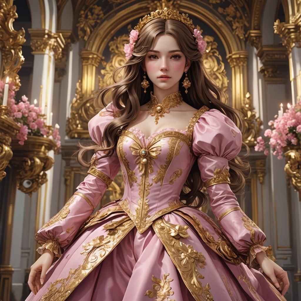 Anime Girl in Pink Dress, Gold Baroque Style