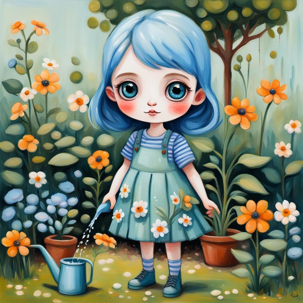 A miniature full-length chibi character girl with huge blue eyes and a cute, innocent expression, She smilling is wateri...