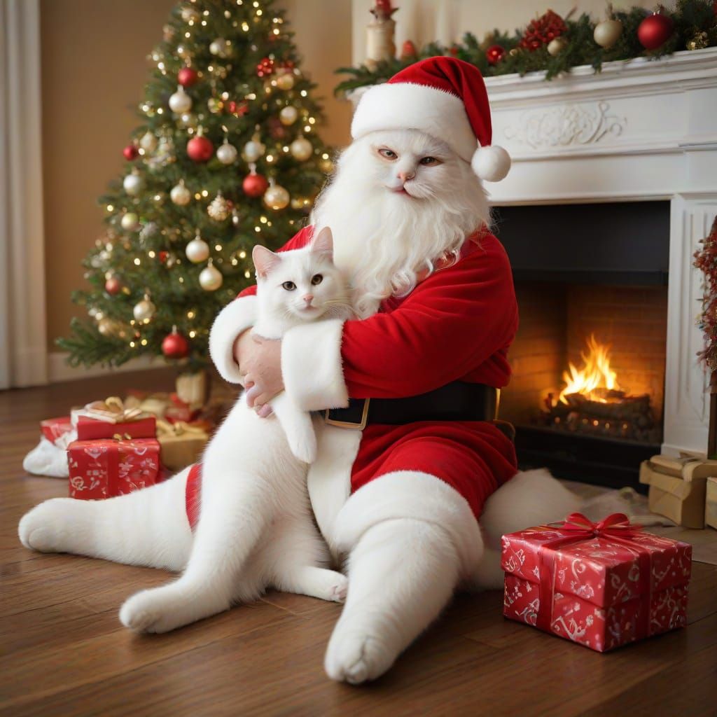 Joyful White Cat Greets Santa by Cozy Fireplace