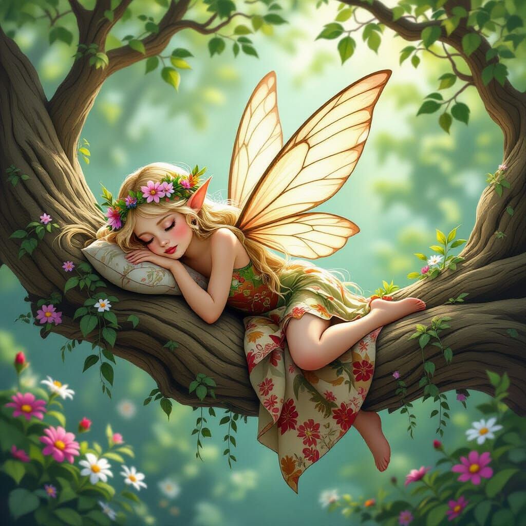 Fairytale Fairy Rests on Tree Branch