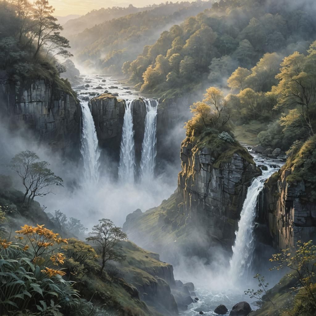 Surreal Waterfall Scene in a Misty Valley at Dawn