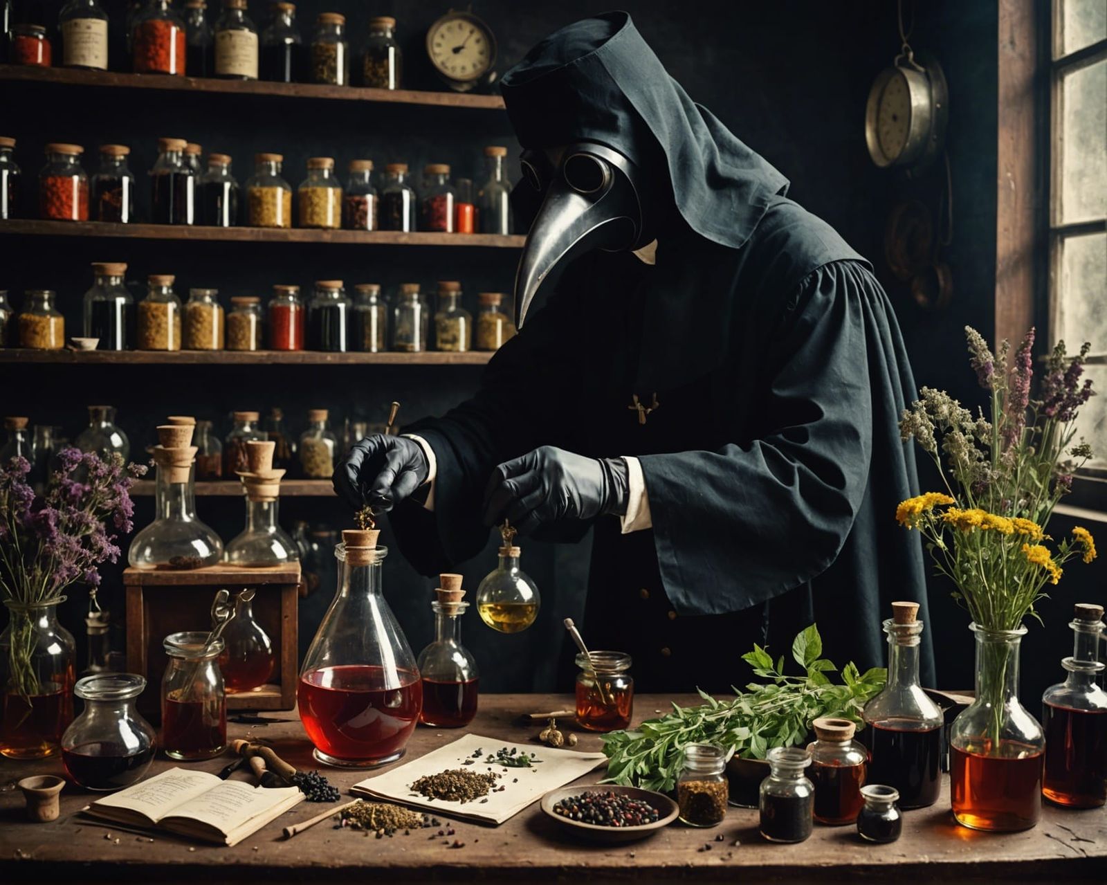 Plague Doctor's Noir-Style Medicinal Experiment