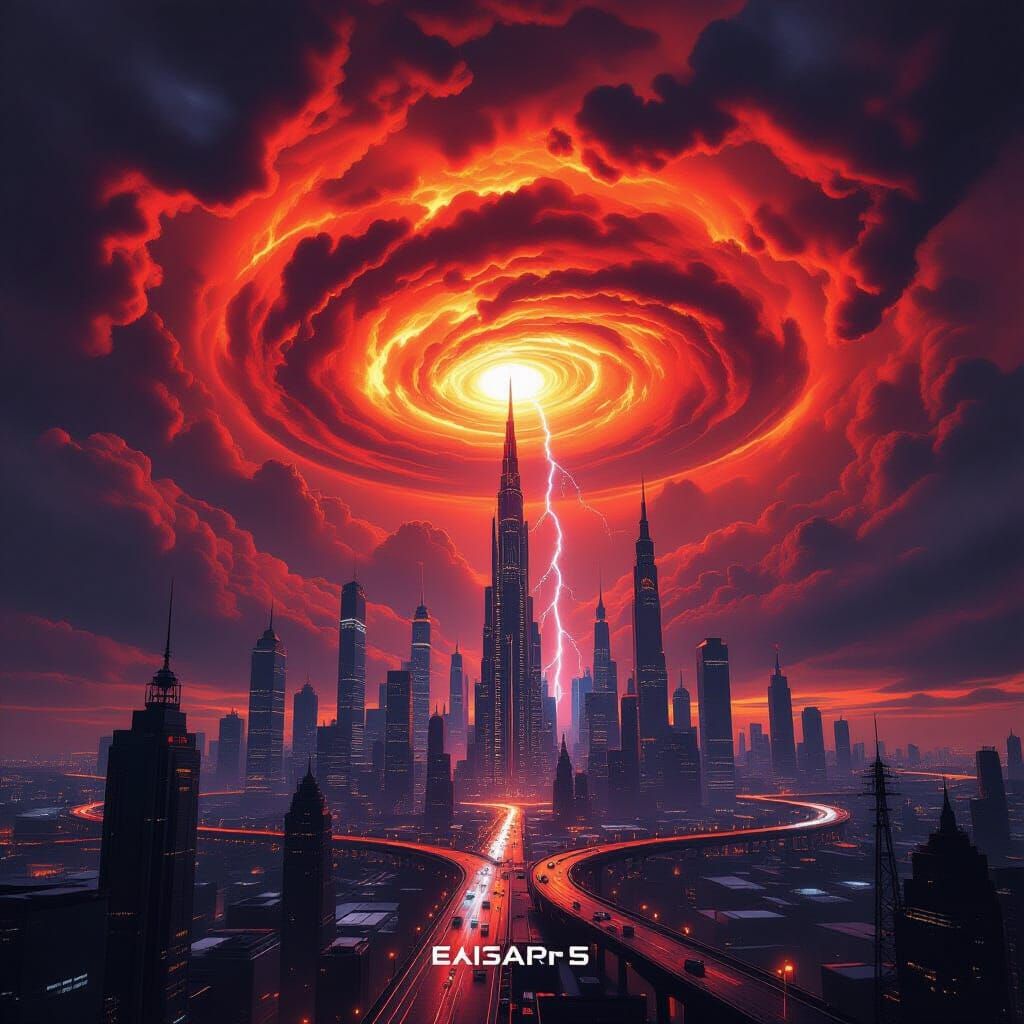 Dystopian Metropolis Under Fiery Energy Dome