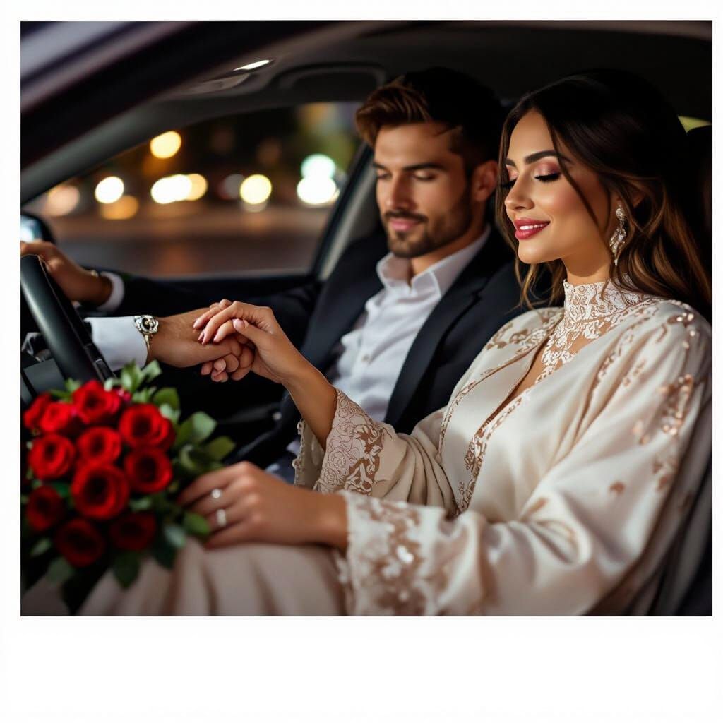Romantic Couple's Hands in Car at Night