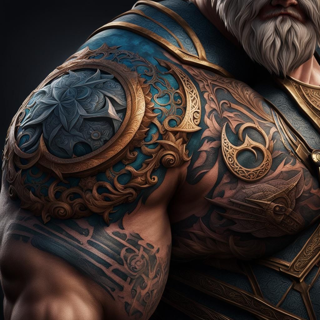 Intricate Dwarven Tattoo on Muscular Arm in Detailed Matte P...
