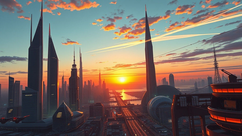 Futuristic Cityscape at Dusk with Neon-Lit Spires and Harbou...