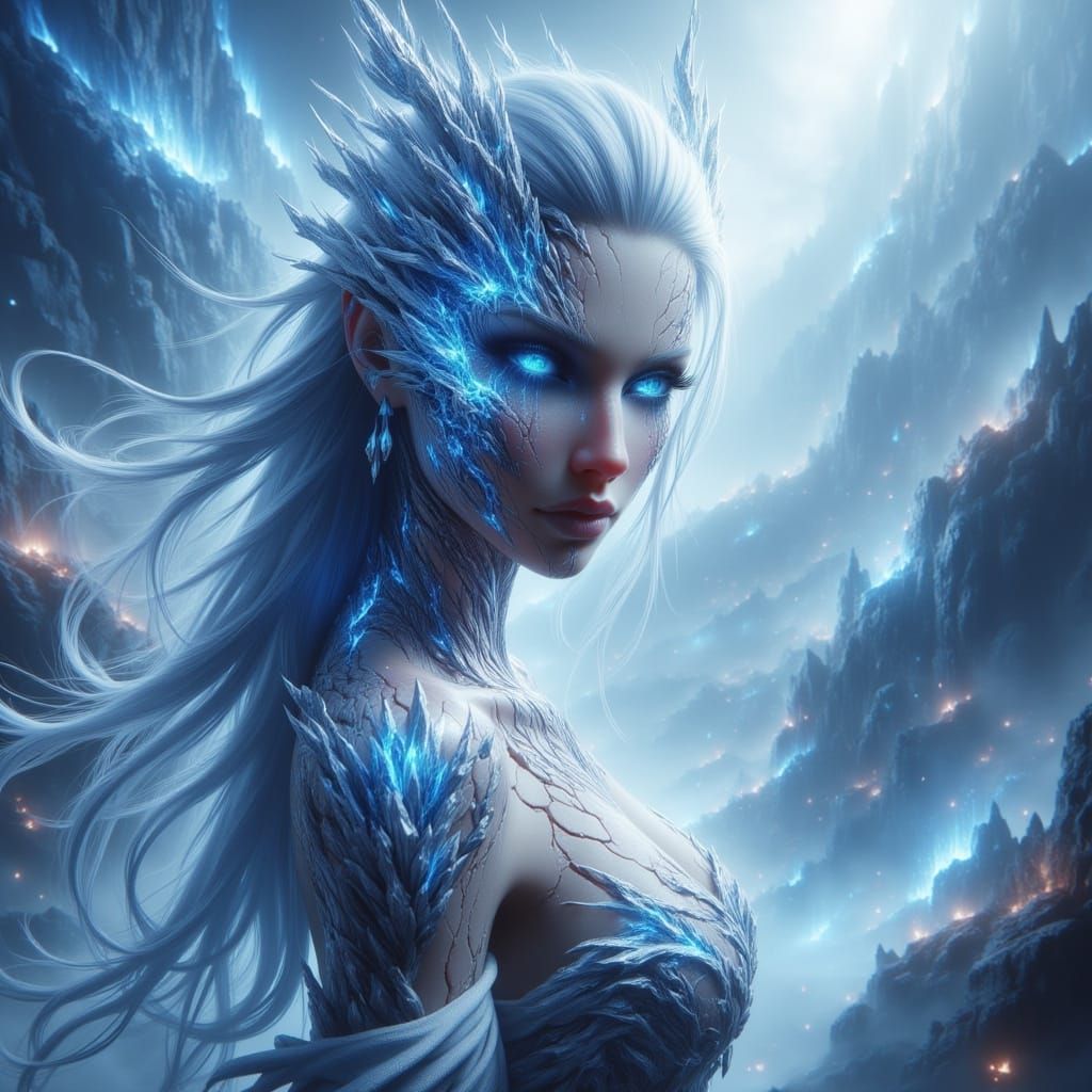 Majestic White Dragon Maiden in Mystical Mountains