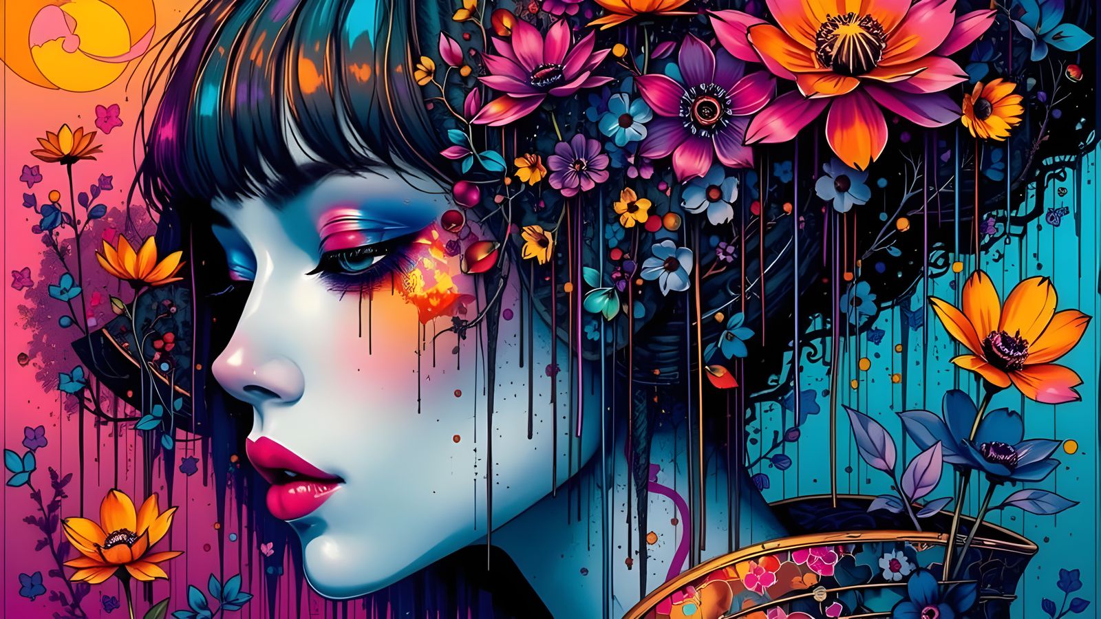 Futuristic Geisha with Glowing Ukiyo-e Patterns