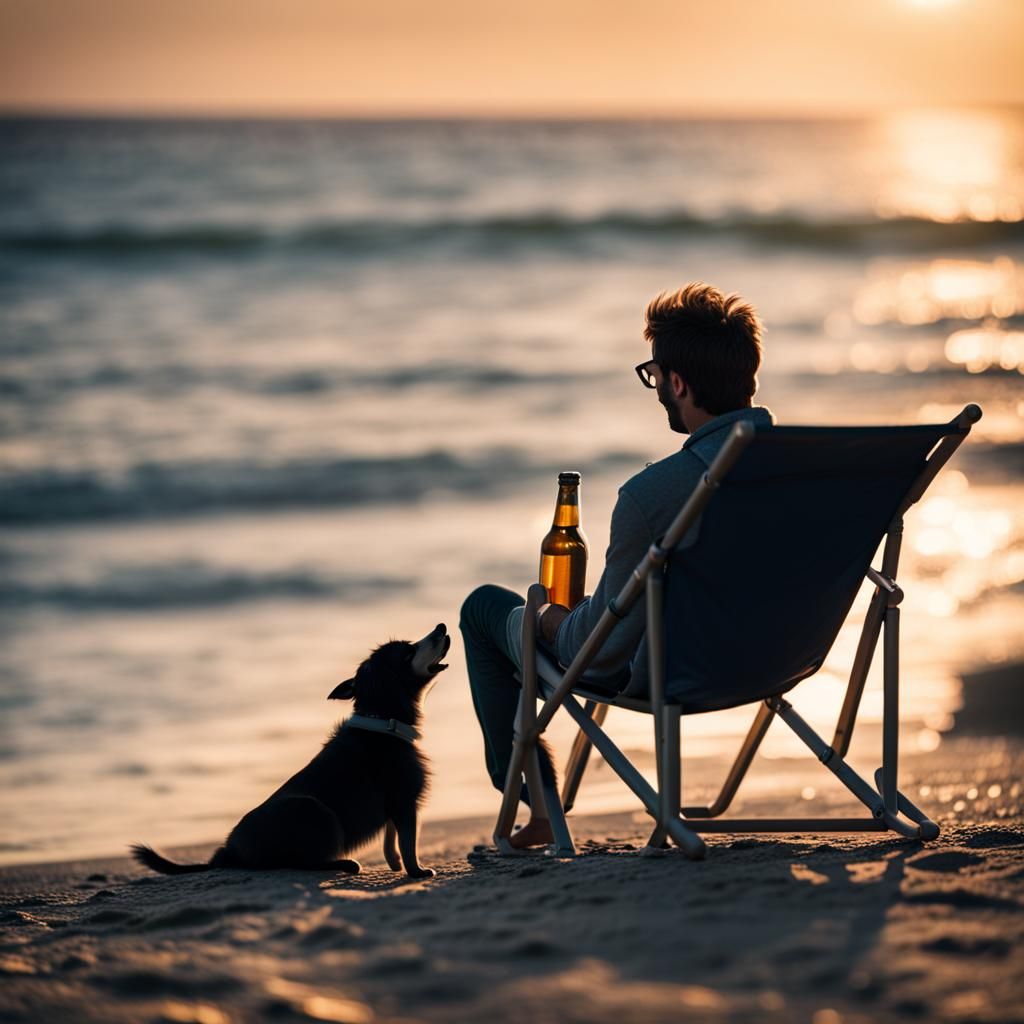 Relaxing Beach Scene with Person, Dog, and Music