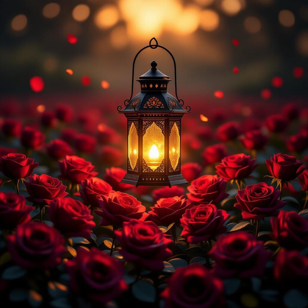 Luminous Lantern Over Red Roses
