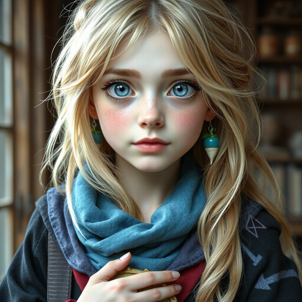 Dreamy Young Woman with Whimsical Attire in Semi-Realistic S...