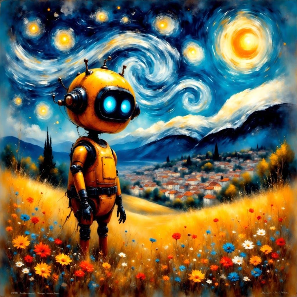 Robot in Van Gogh Style Starry Night Field