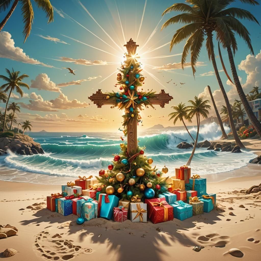 Beach Christmas Tree with Cross in Sky