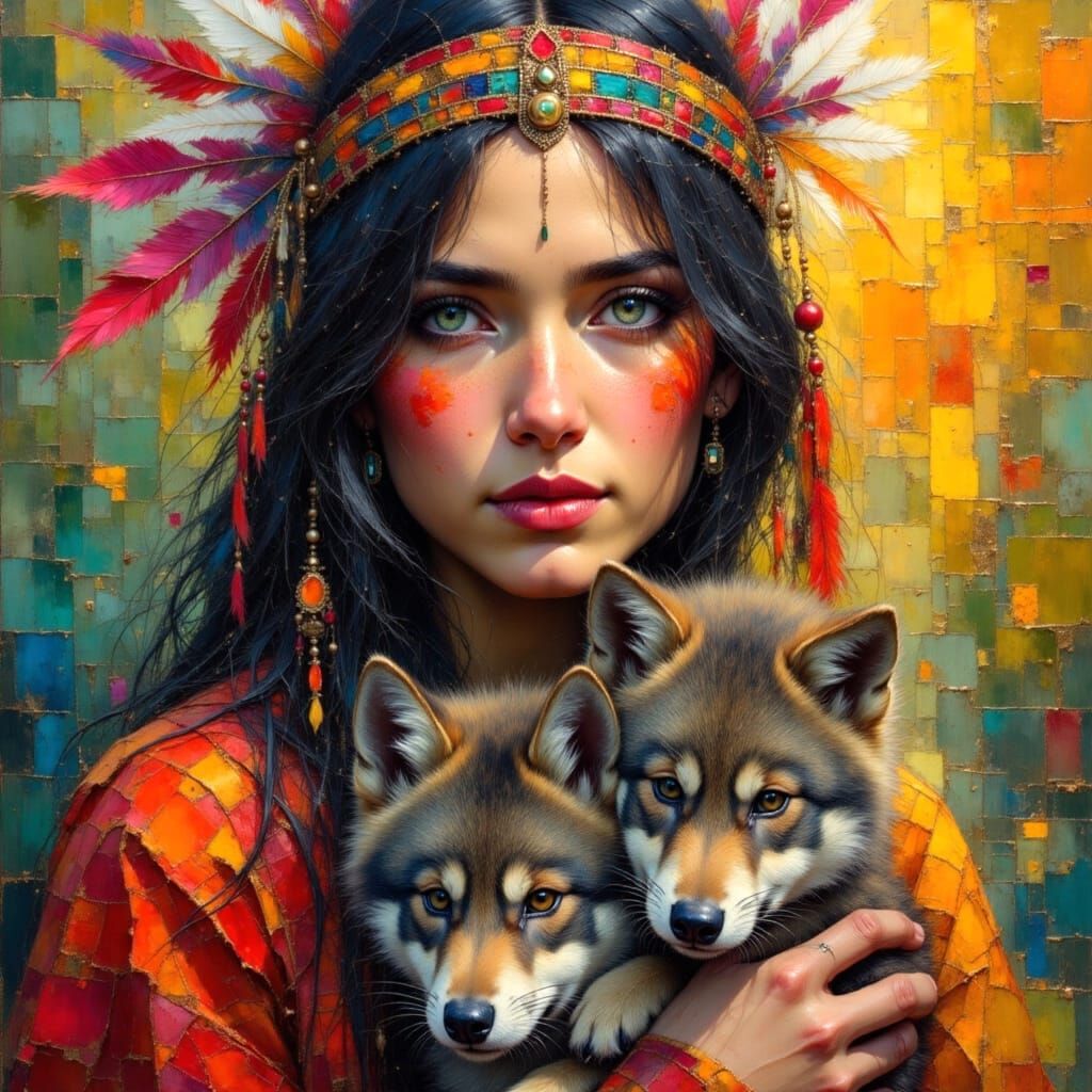 Native American Woman with Wolf Cub: Oil Painting