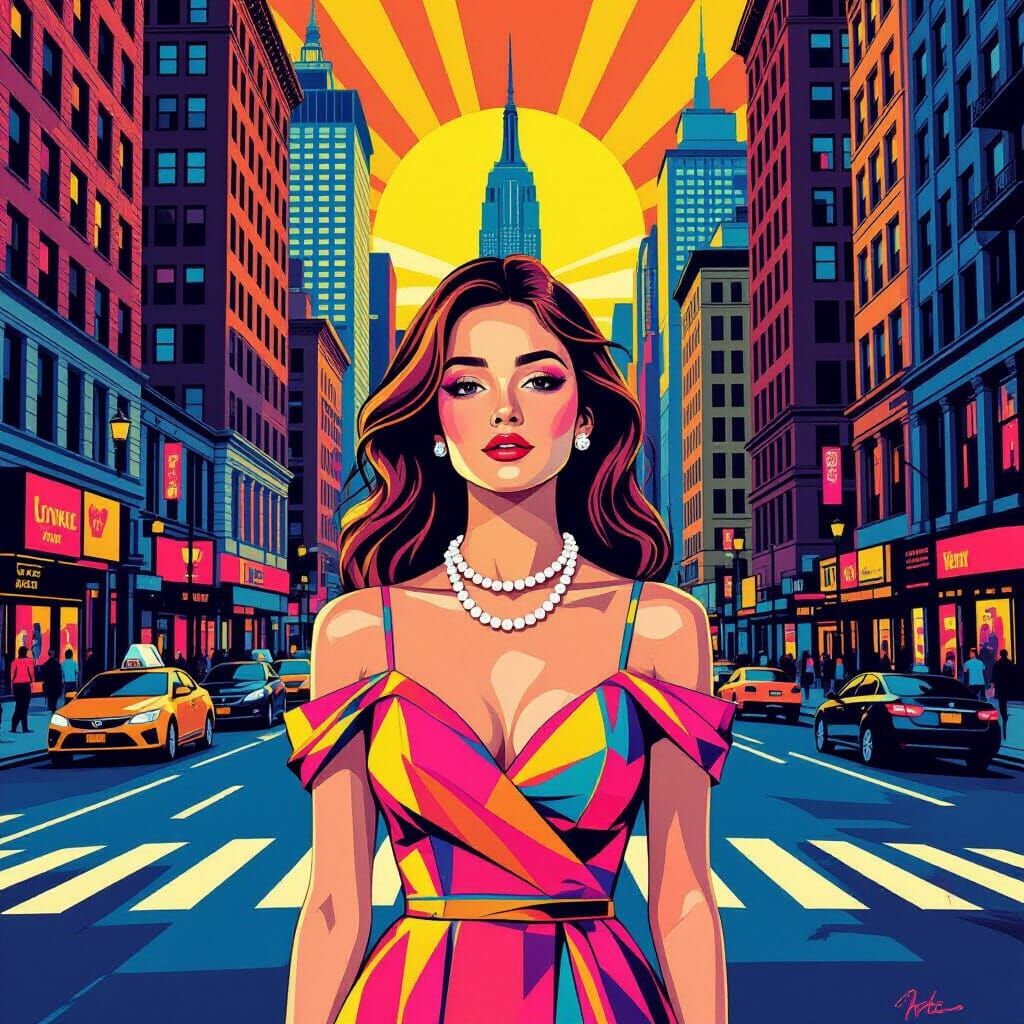 Girl with Pearl Necklace on Manhattan in Pop Art Style