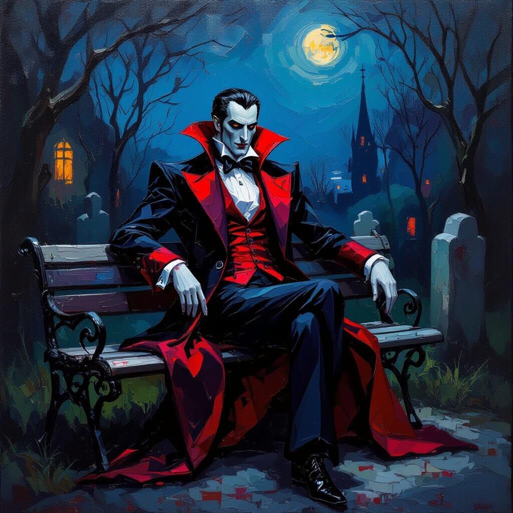Count Dracula in Modern Business Attire Near Graveyard