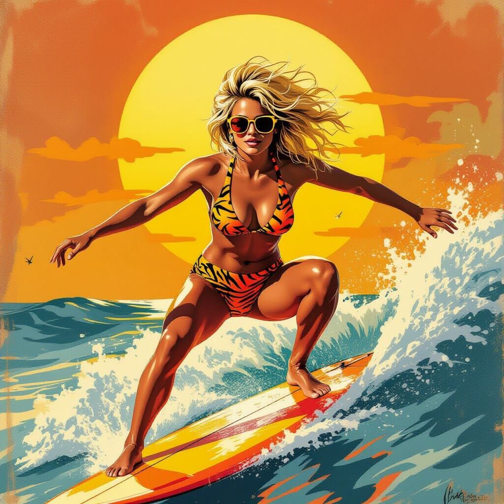 Punk Surfer Girl in 80s Bikini, Golden Hour