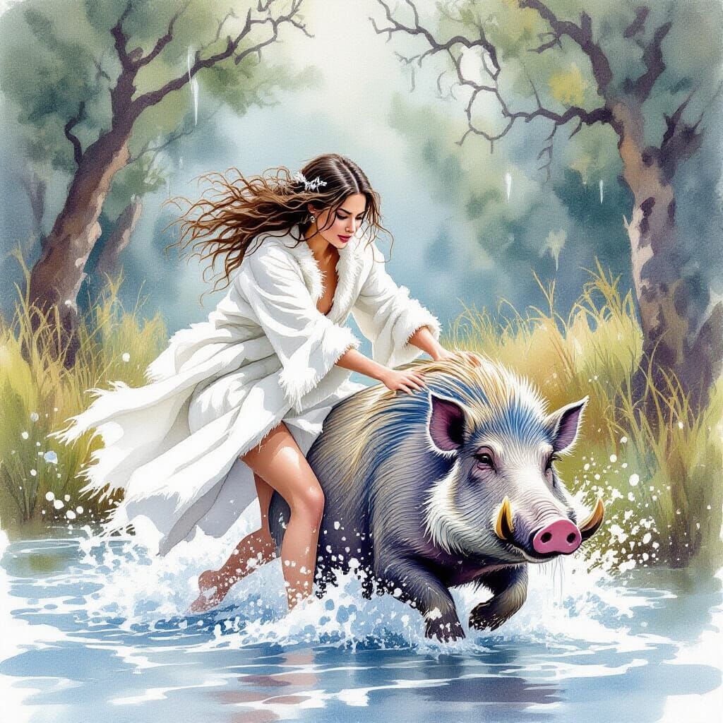 Whimsical Woman Wrestles Warthog in Watercolor Waves