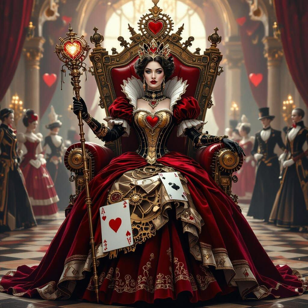 Steampunk Queen of Hearts Empress on Clockwork Throne