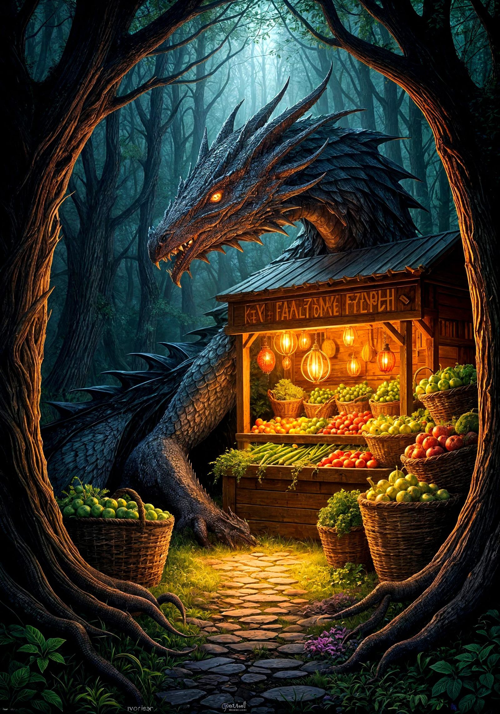 Dragon Guarding Enchanted Farmstand: Dark Fantasy Art