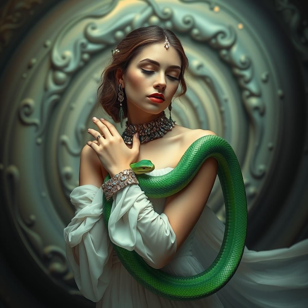 Woman and Emerald Snake in Dreamlike Setting