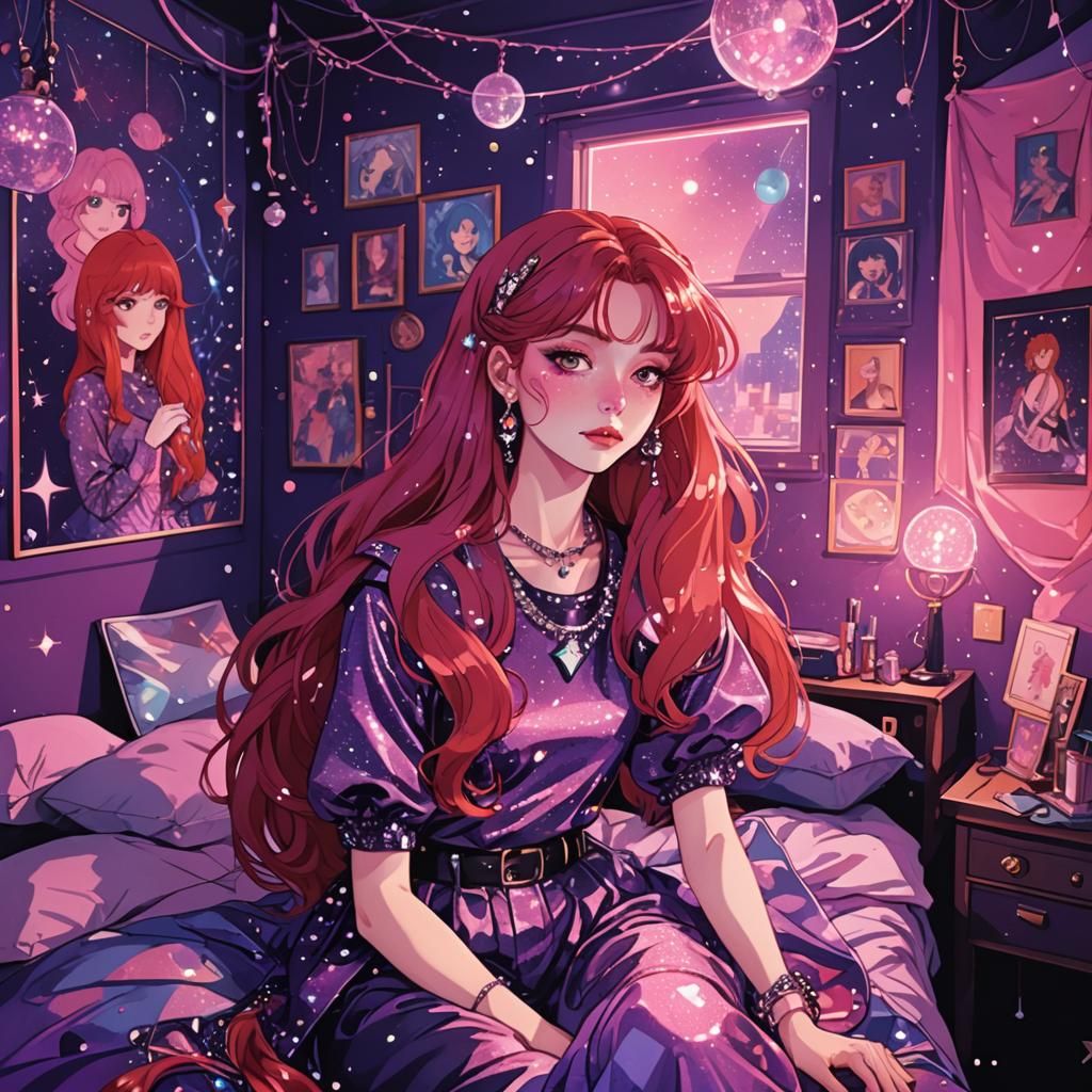 80s Anime Girl in a Surreal Bedroom