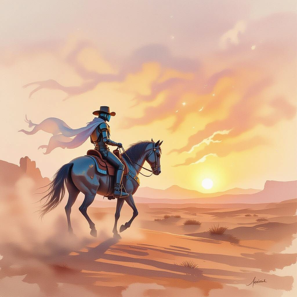 Robot Cowboy on Spectral Horse in Alien Desert Sunset