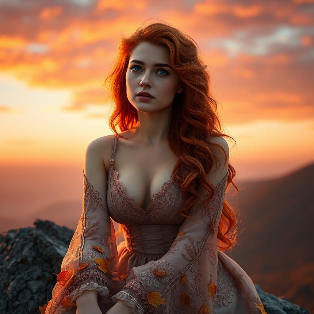 Enchanted Autumn Goddess in Vibrant Orange Skies