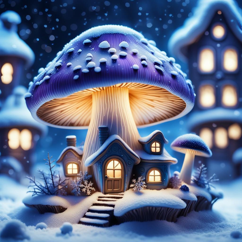 Magical Mushroom City in Snow, Bioluminescent Art
