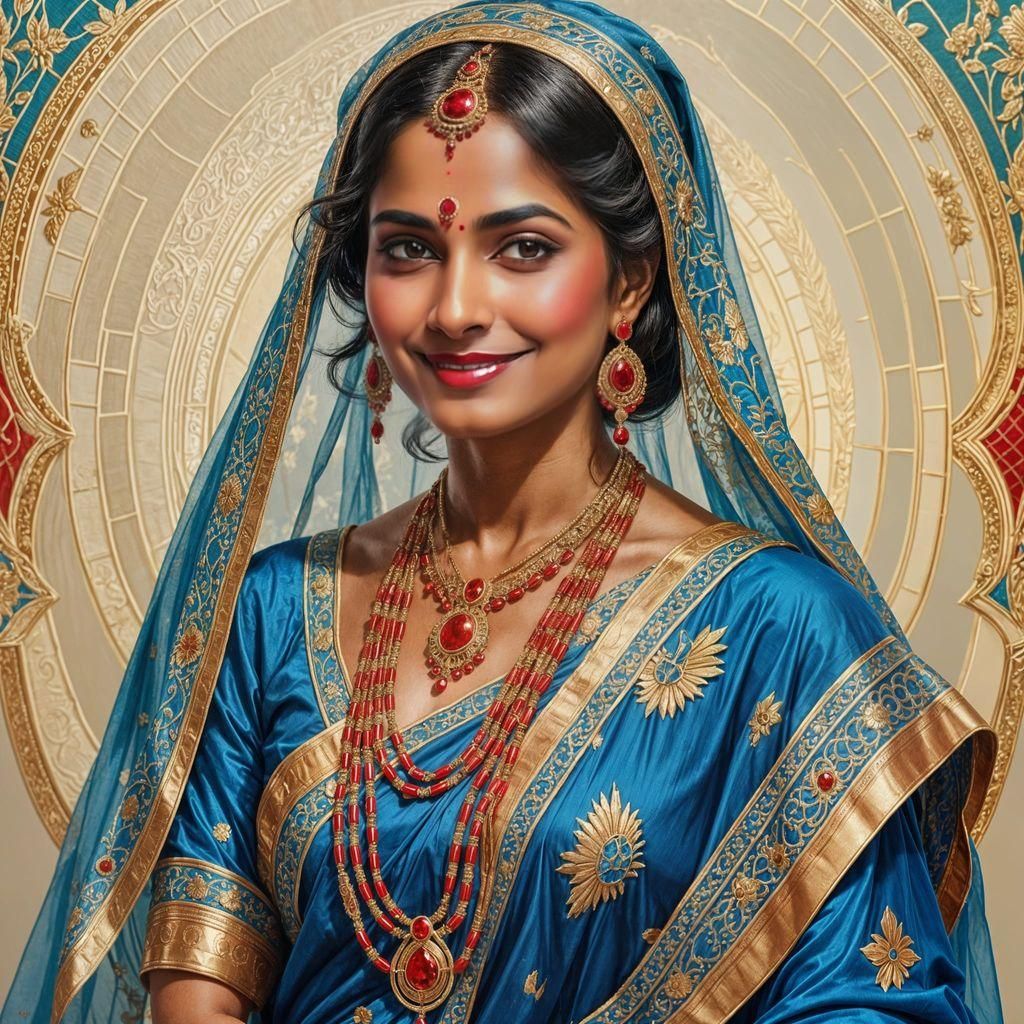 Bengali Woman in Blue Sari, Art Deco Style