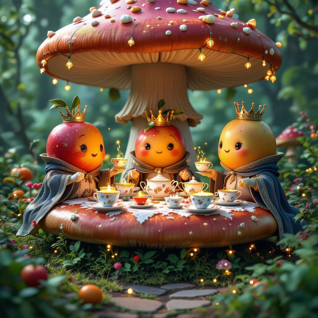Anthropomorphic Fruits Tea Party in Whimsical Garden