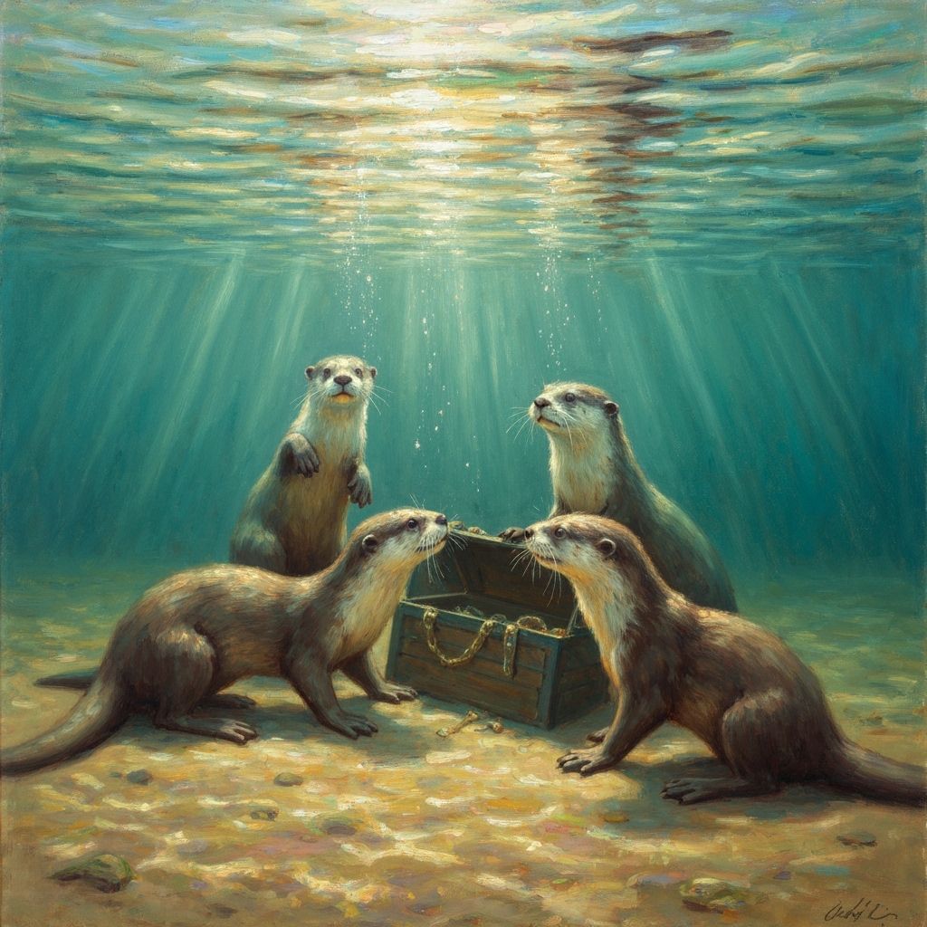 Playful Otters Find Treasure in Impressionist Oil Painting