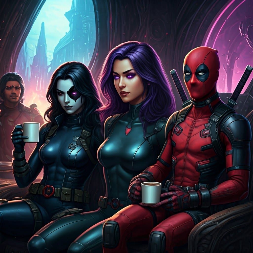 Psylocke, Domino and Deadpool in Vibrant, Futuristic Setting