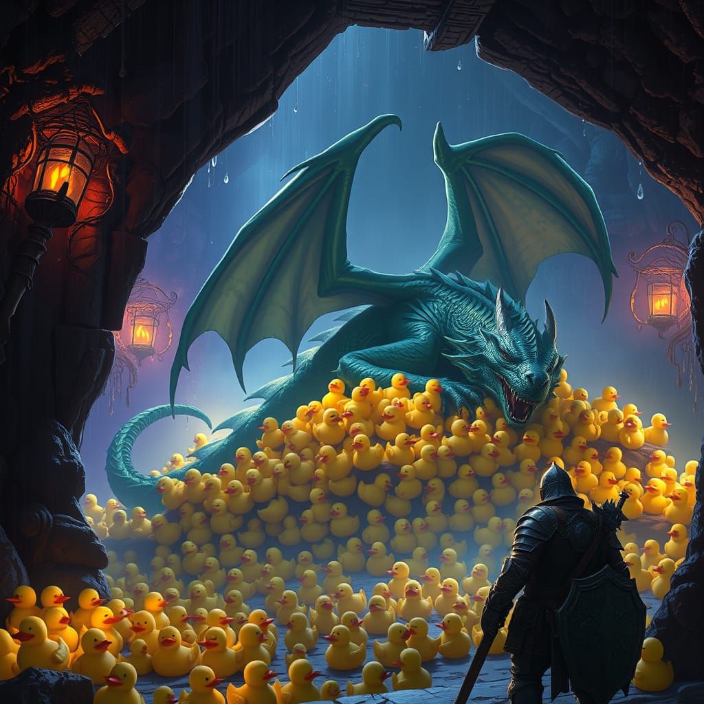 Dragon's Hoard of Vibrant Rubber Duckies in Dark Fantasy Sty...
