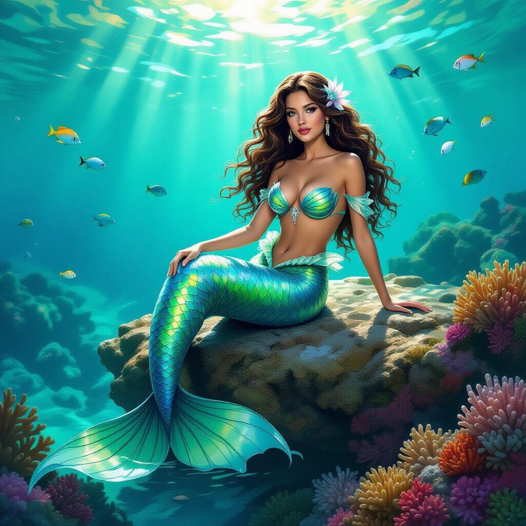 Mermaid Lounging on Rocks with Coral Reef