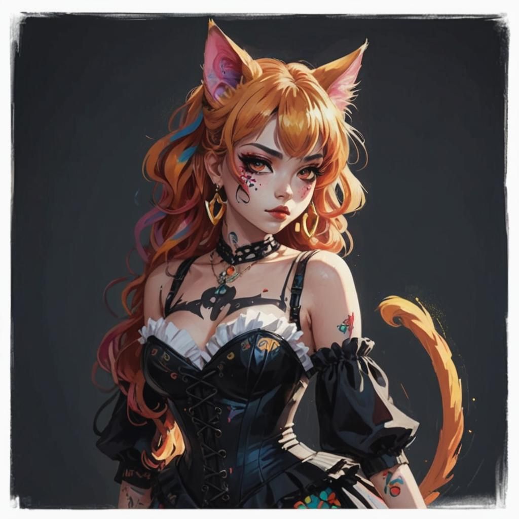 Fauvist Anime Neko Girl with Colorful Tattoos