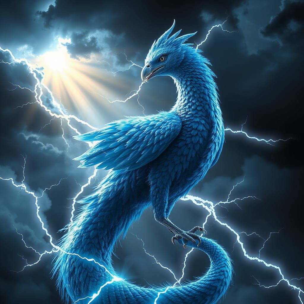 Ethereal Blue Phoenix Rises from Turbulent Storm