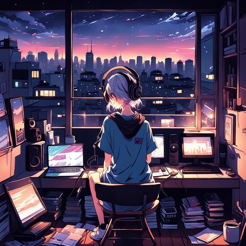 Cozy Anime Girl Listening to Music at Night